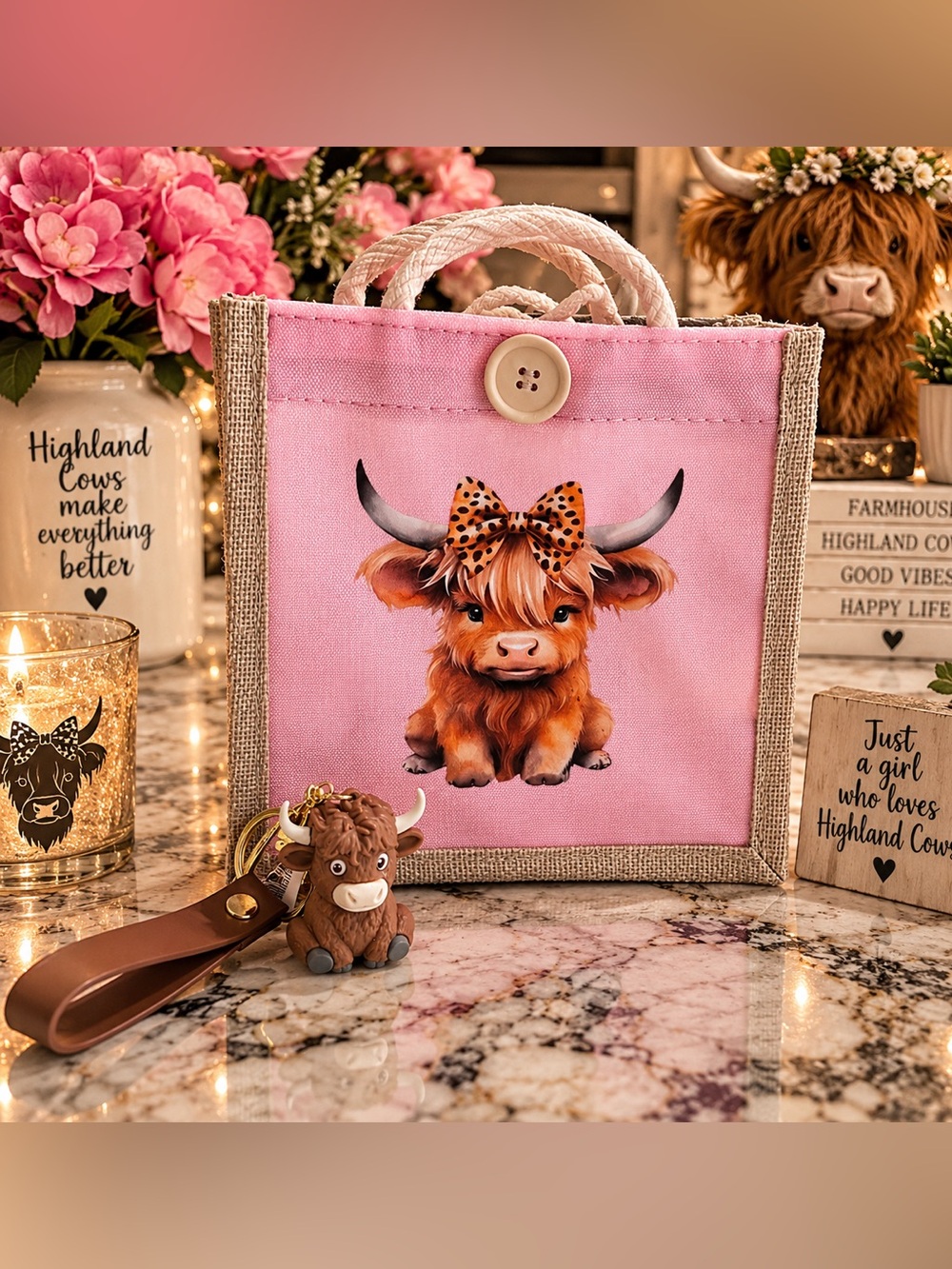 Pink Highland Cow mini Tote Bag with highland cow wristlet keychain